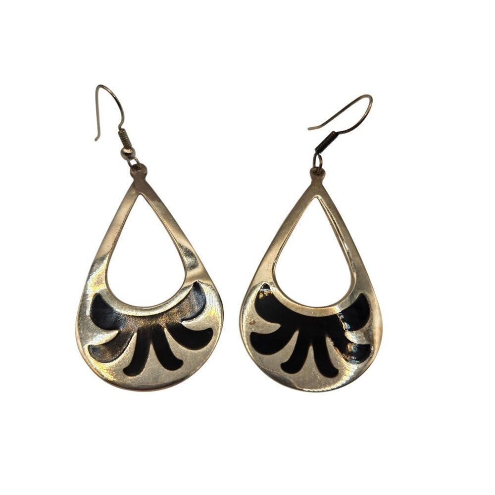 Vintage Taxco Mexican Sterling Silver & Black Enamel Teardrop Earrings